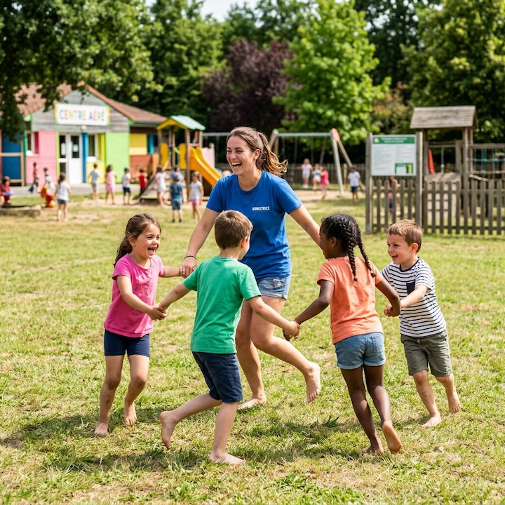 youth camp counselor using tablet to access children